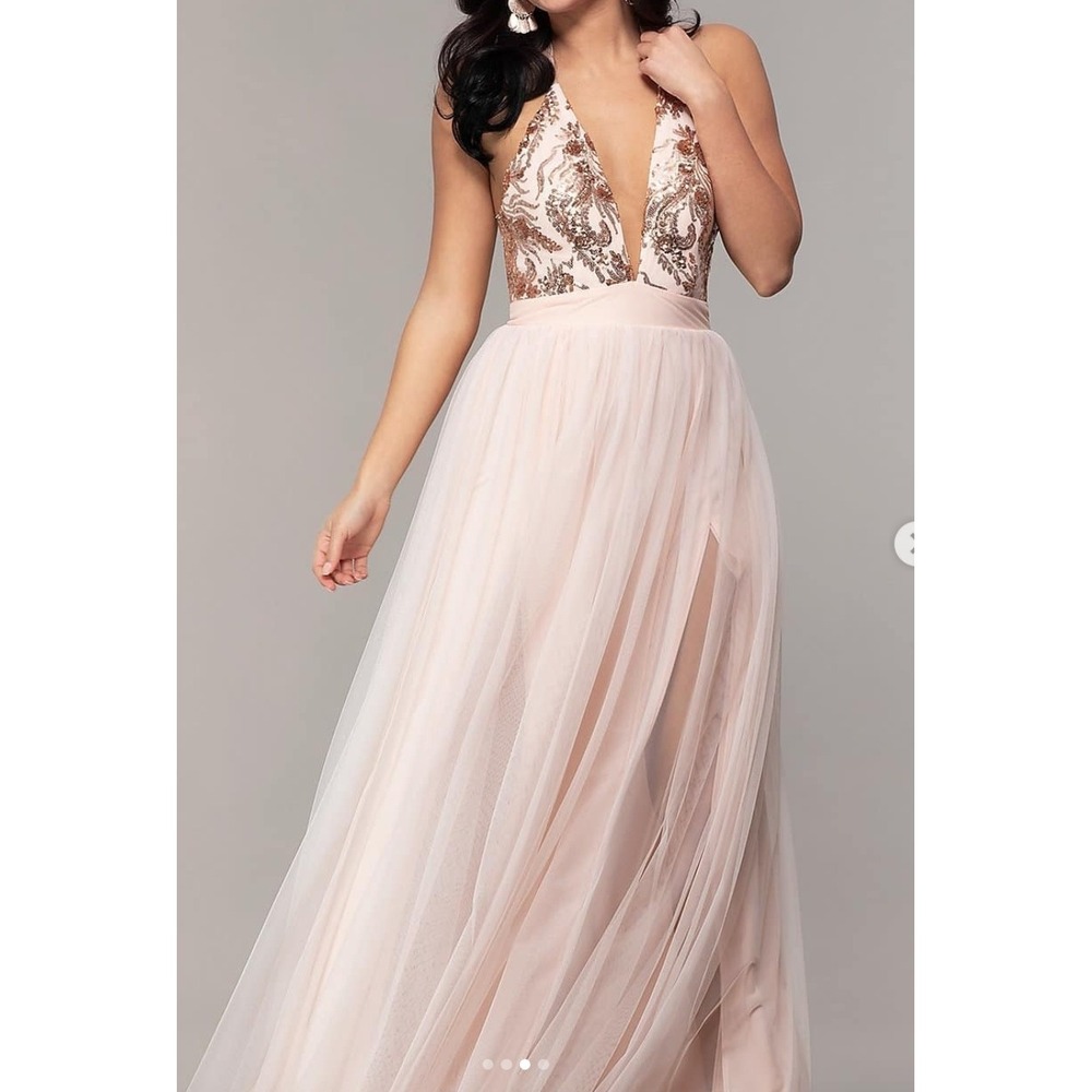 PromGirl Rose Gold Sequin Tulle Halter Gown Pink Formal Prom Dress Maxi Event